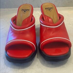 John Fluevog Bold Red Mules with Black Soles